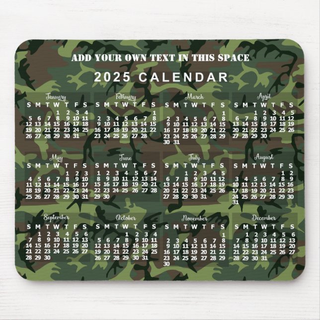 2025 Year Monthly Calendar Camouflage Camo Green Mouse Mat (Front)