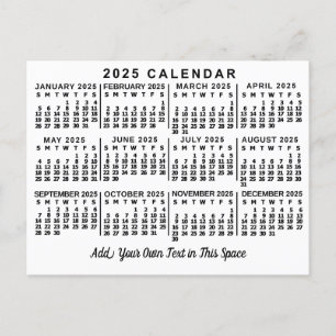 2025 Year Monthly Calendar Classic White and Black Postcard