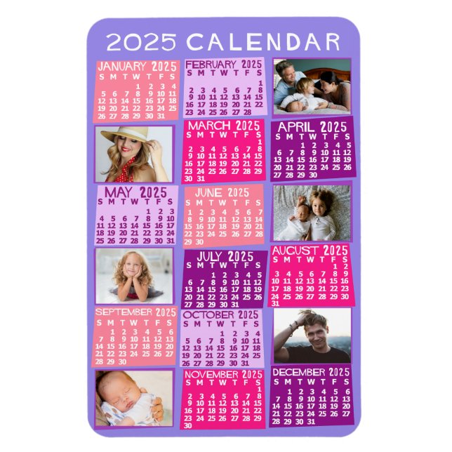 2025 Year Monthly Calendar Cute Mod Photo Collage Magnet (Vertical)