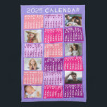 2025 Year Monthly Calendar Cute Mod Photo Collage Tea Towel<br><div class="desc">This personalised 2025 year monthly calendar kitchen towel has a mid-century modern geometric look with asymmetrical colour blocks and cut-out paper style typography. The colours are all various shades of pink and purple. Use the easy templates to add six of your favourite photos (horizontal work best, but all shapes will...</div>