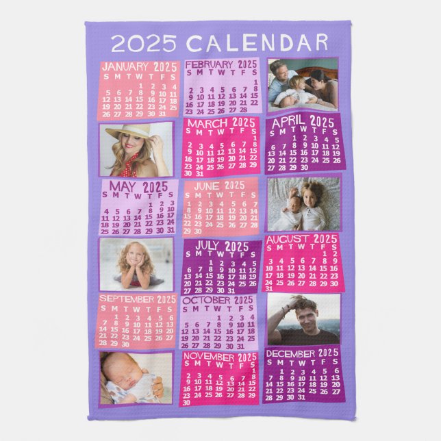 2025 Year Monthly Calendar Cute Mod Photo Collage Tea Towel (Vertical)
