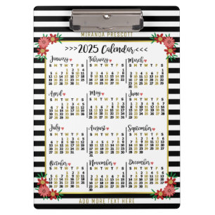 2025 Year Monthly Calendar Floral Stripes   Custom Clipboard