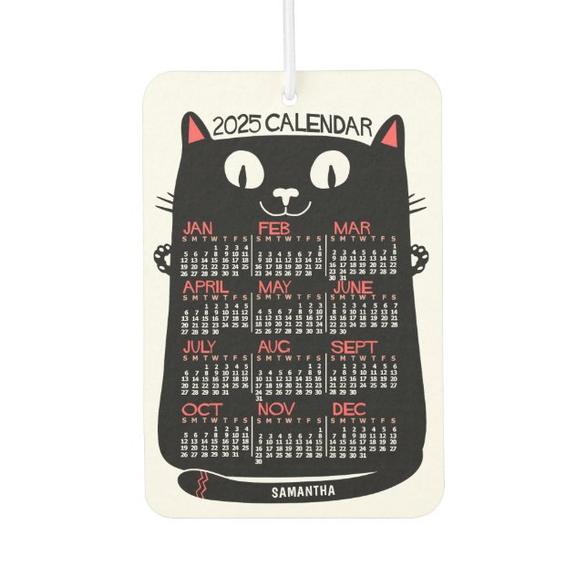 2025 Year Monthly Calendar Mid-Century Black Cat Car Air Freshener (Front)