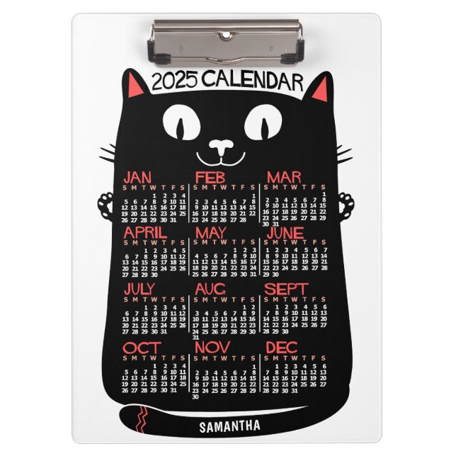 2025 Year Monthly Calendar Mid-Century Black Cat Clipboard (Front)