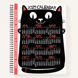 2025 Year Monthly Calendar Mid-Century Black Cat Notebook