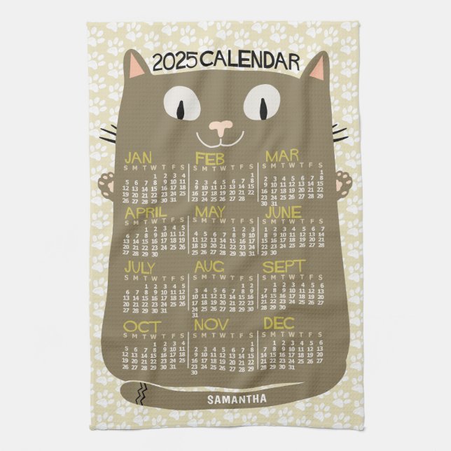 2025 Year Monthly Calendar Mid-Century Brown Cat Tea Towel (Vertical)