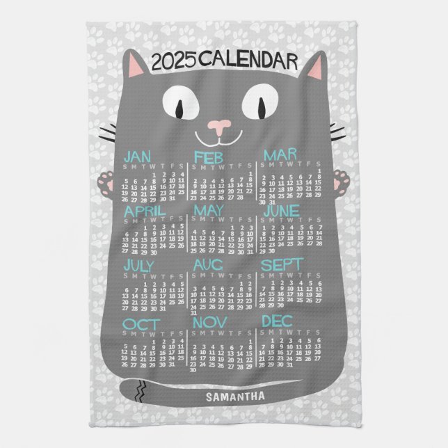 2025 Year Monthly Calendar Mid-Century Grey Cat Tea Towel (Vertical)