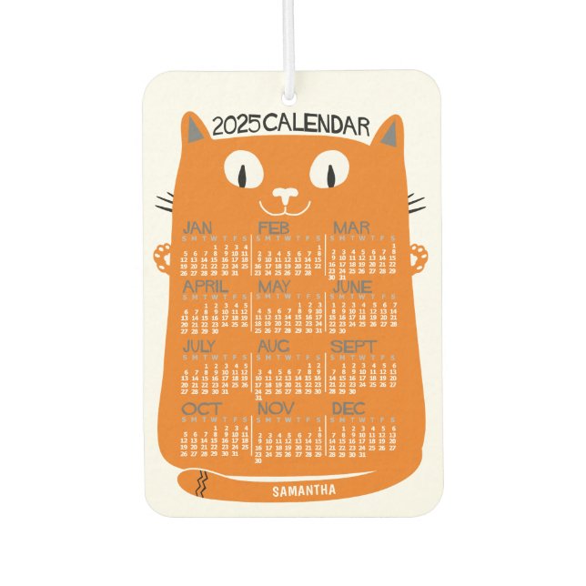 2025 Year Monthly Calendar Mid-Century Orange Cat Car Air Freshener (Front)
