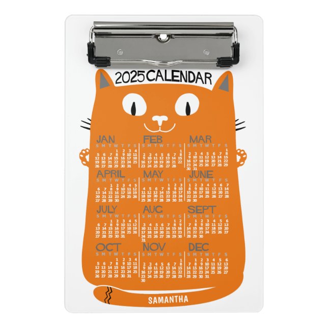 2025 Year Monthly Calendar Mid-Century Orange Cat Mini Clipboard (Front)