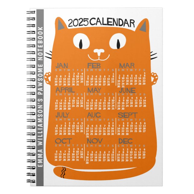 2025 Year Monthly Calendar Mid-Century Orange Cat Notebook (Front)