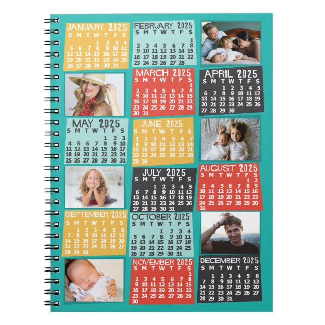 2025 Year Monthly Calendar Modern 6 Photo Collage Notebook (Front)