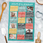 2025 Year Monthly Calendar Modern Photo Collage Tea Towel<br><div class="desc">This personalised 2025 year monthly calendar kitchen towel has a mid-century modern geometric look with asymmetrical colour blocks and cut-out paper style typography. Use the easy templates to add six of your favourite photos (horizontal work best, but all shapes will automatically adjust to fit the frames). This vibrant, ultra-mod calendar...</div>