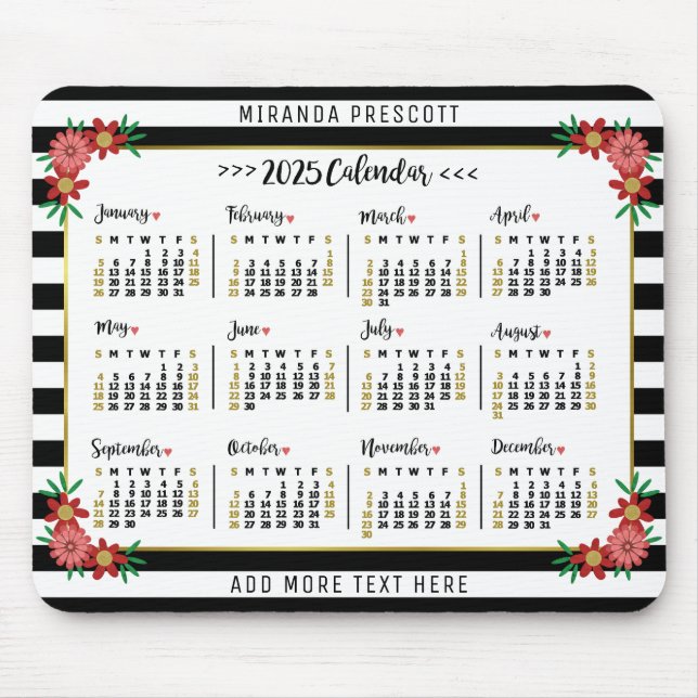 2025 Year Monthly Calendar | Preppy Floral Stripes Mouse Mat (Front)