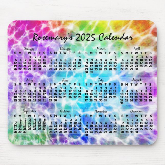2025 Year Monthly Calendar Tiedye Hippie Rainbow Mouse Mat (Front)