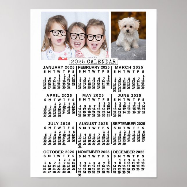 2025 Year Monthly Calendar White | Custom Photos Poster (Front)