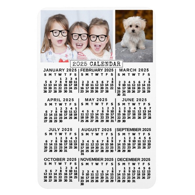2025 Year Monthly Calendar White | Photo Template Magnet (Vertical)