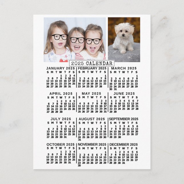 2025 Year Monthly Calendar White | Photo Template Postcard (Front)