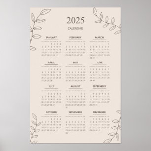 2025 Yearly Calendar Floral Line Art Minimalist  Poster