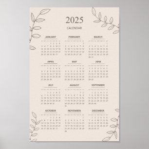 2025 Yearly Calendar Floral Line Art Minimalist  Poster