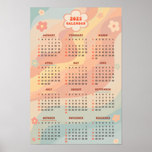 2025 Yearly Calendar Groovy Vintage Pastel Swirl   Poster