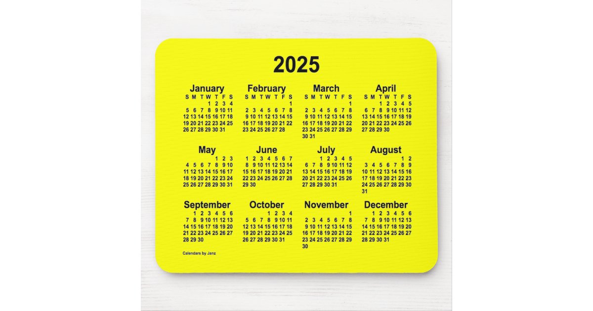 2025 Yellow Calendar by Janz Mouse Pad Zazzle