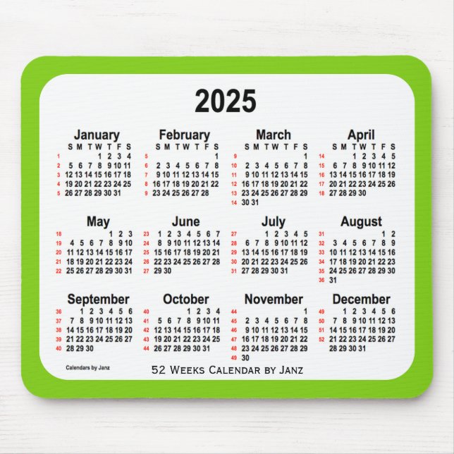 2025 Yellow Green 52 Weeks Calendar by Janz Mouse Mat (Front)
