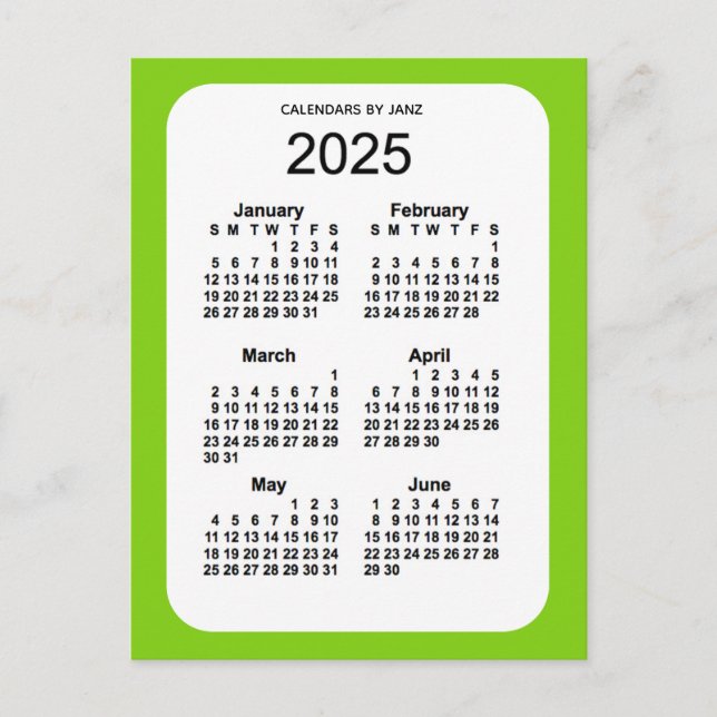 2025 Yellow Green 6 Month Mini Calendar by Janz Postcard (Front)