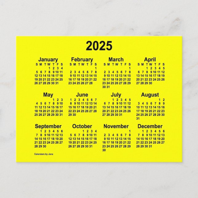 2025 Yellow Mini Calendar by Janz Postcard (Front)
