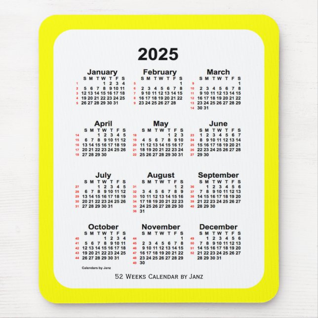 2025 Yellow Two Tone 52 Week Calendar by Janz Mouse Mat (Front)