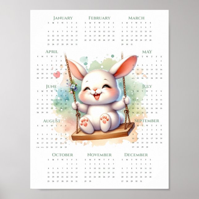 2026 1-Page Calendar Cute Bunny on Swing Whimsical Poster (Front)