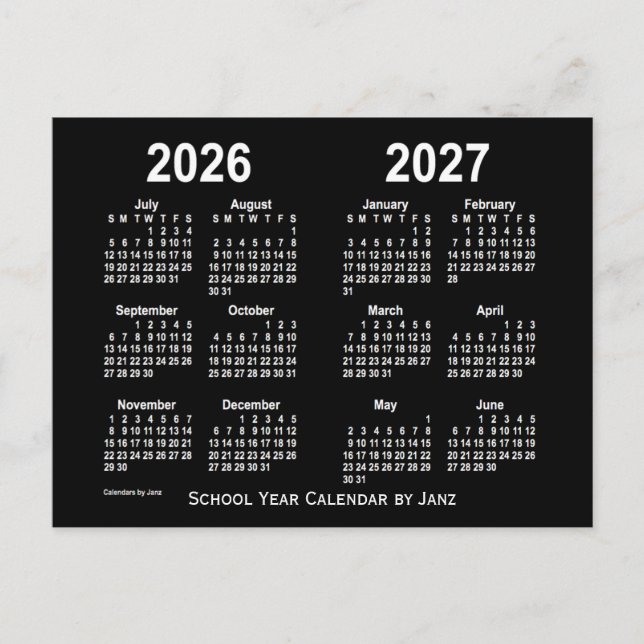 2026-2027 Neon White School Calendar by Janz Postcard (Front)