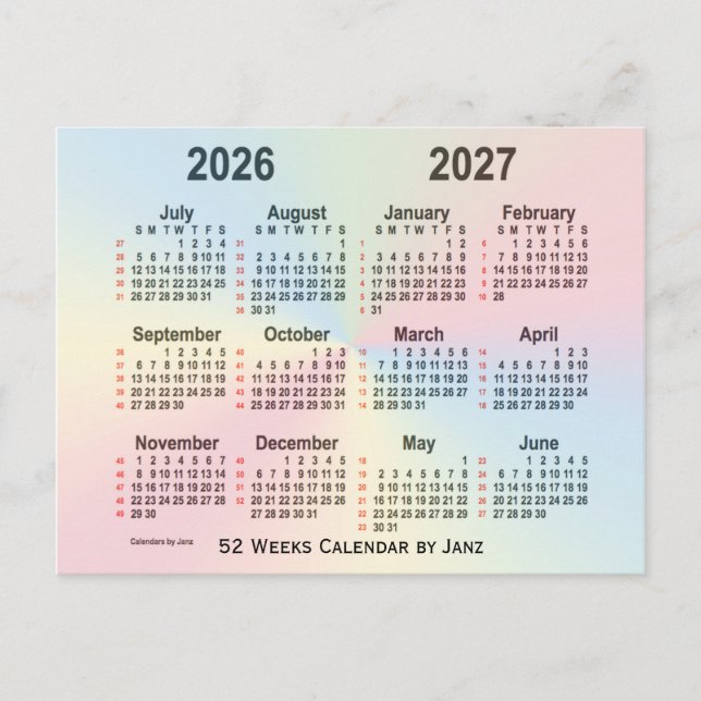 2026-2027 Rainbow 52 Weeks Calendar by Janz Postcard (Front)
