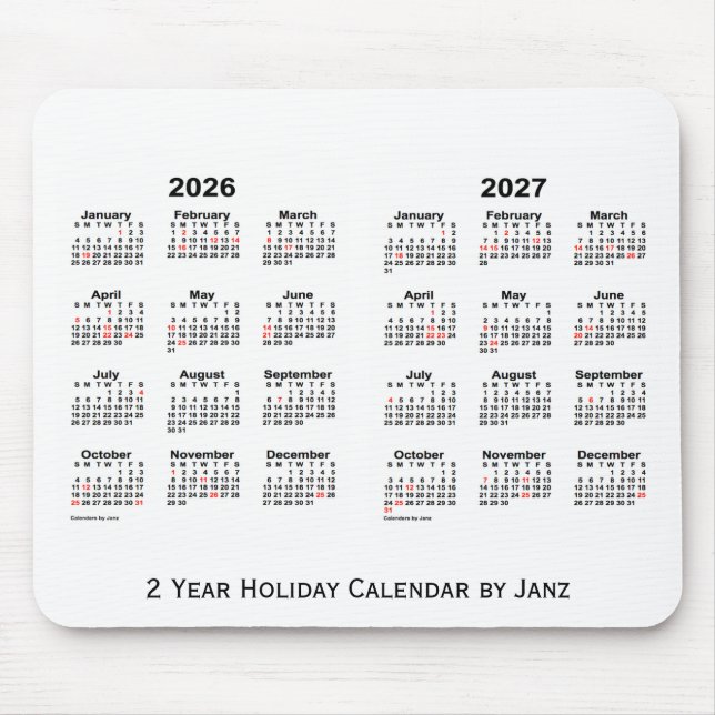 2026-2027 White 2 Year Holiday Calendar by Janz Mouse Mat (Front)