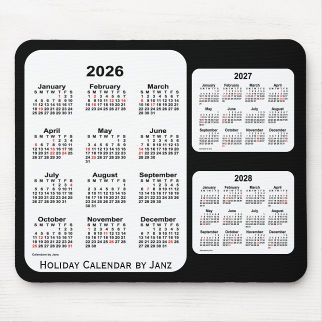 2026-2028 Black 3 Year Holiday Calendar by Janz Mouse Mat (Front)