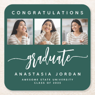 2026 3-Photo Green Congratulations Graduate Square Paper Coaster