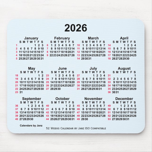 2026 Alice Blue 52 Weeks ISO Calendar by Janz Mouse Mat (Front)