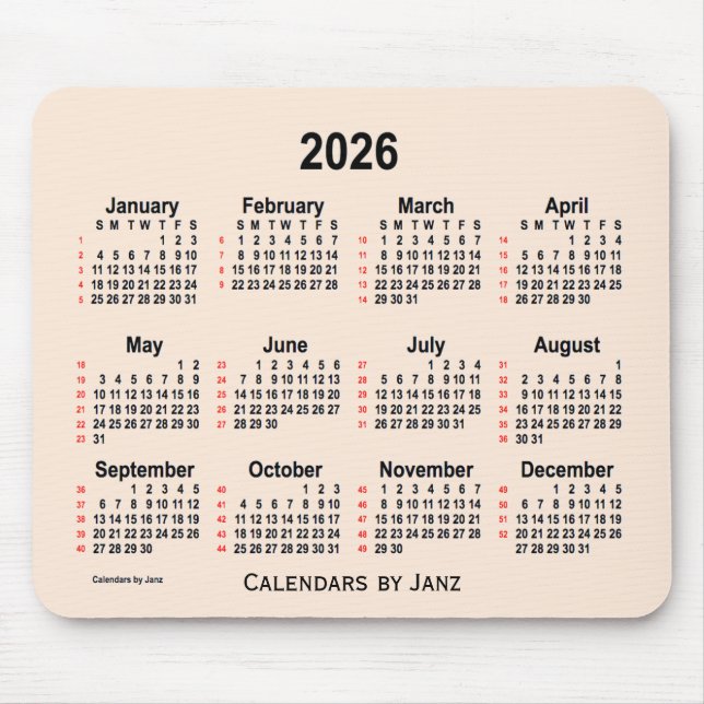 2026 Antique White 52 Weeks Calendar by Janz Mouse Mat (Front)