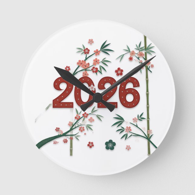 2026 Bamboo Numbers with Cherry Blossoms  Round Clock (Front)
