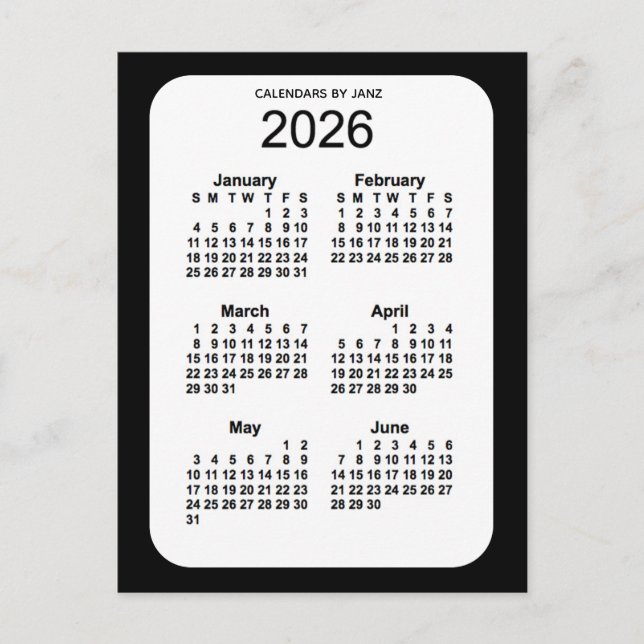 2026 Black 6 Month Mini Calendar by Janz Postcard (Front)