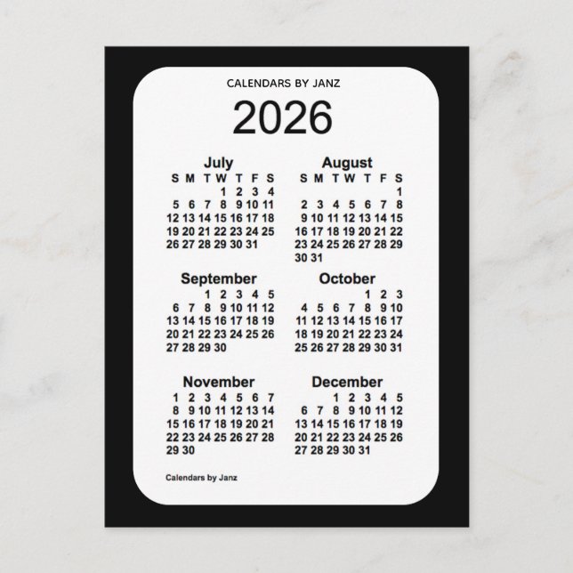 2026 Black 6 Month Mini Calendar by Janz Postcard (Front)
