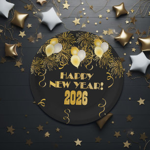 2026 Black Gold Glitter New Year's Eve Party  Paper Plate