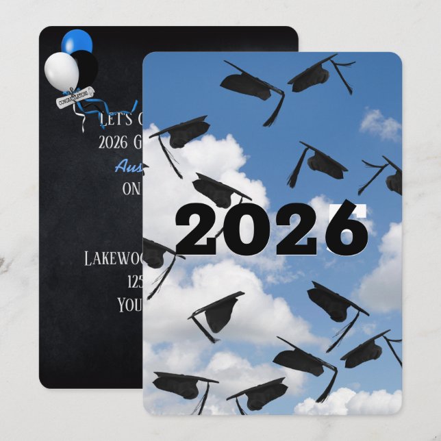 2026 Black Graduation Caps in Sky  Invitation (Front/Back)