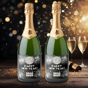 2026 Black Silver Glitter New Year's Eve Party  Sparkling Wine Label