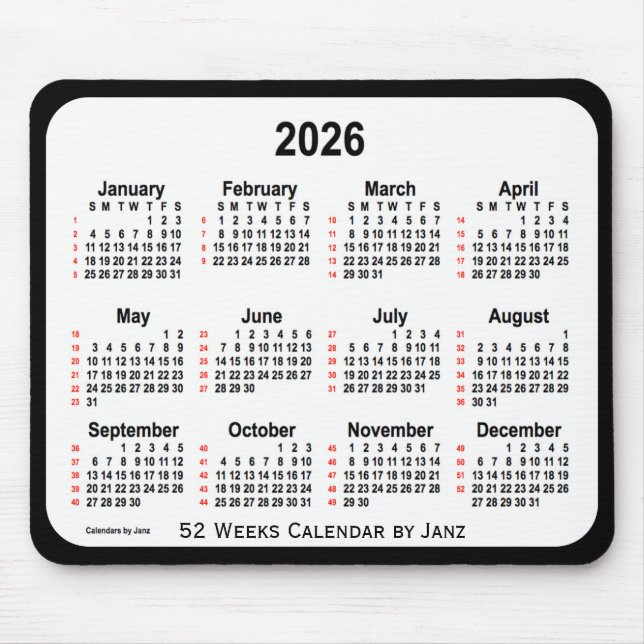 2026 Black Two Tone 52 Weeks Calendar by Janz Mouse Mat (Front)