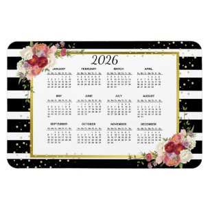 2026 Black White Striped Floral Gold Calendar Magnet
