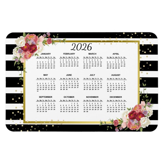 2026 Black White Striped Floral Gold Calendar Magnet (Horizontal)