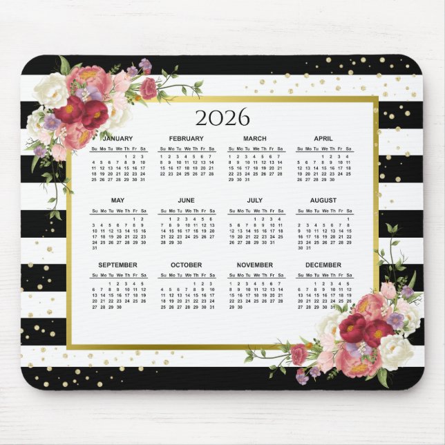2026 Black White Striped Floral Gold Calendar Mouse Mat (Front)