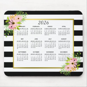 2026 Black White Striped Floral Gold Calendar Mouse Mat
