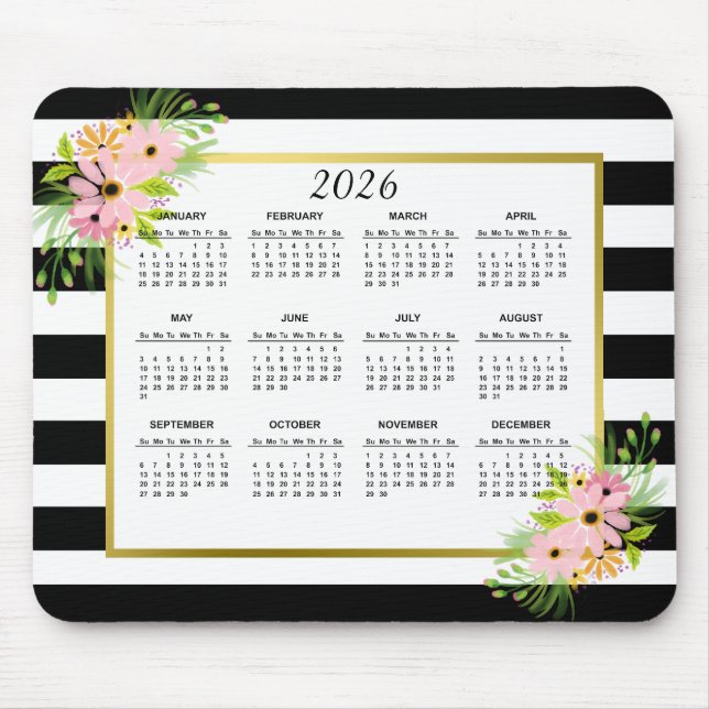 2026 Black White Striped Floral Gold Calendar Mouse Mat (Front)