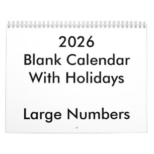 2026 Blank Calendar With Holidays Large Numbers